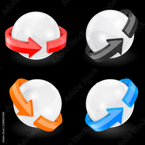 White sphere with arrow wrapped around. Set of vector 3d illustration