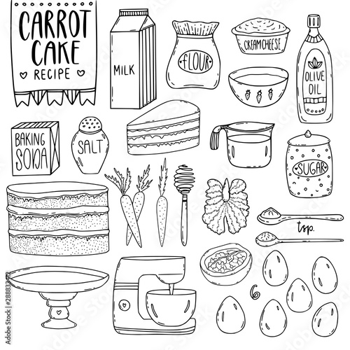 Kitchen utensils vector elements. Carrot cake recipe. Baking cooking recipe. Kitchen stuff and ingredients for menu design.