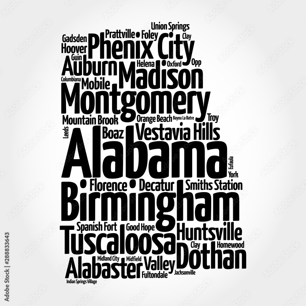 List Of Cities In Alabama USA State, Map Silhouette Word Cloud Map ...