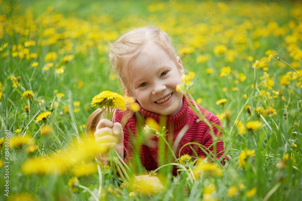 Little girl and meadow with dandelions. Summer day, outdoors Little girl and meadow with dandelions. Summer day, outdoors