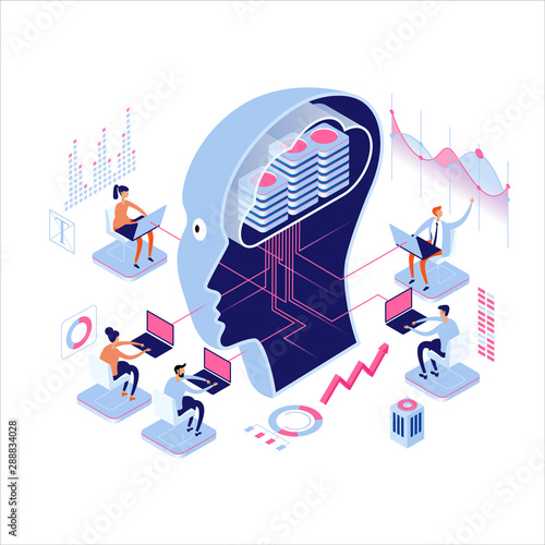 Workspace concept. Deep learning. Big data AND artificial intelligence. People interact with artificial intelligence. 3d vector isometric illustration.