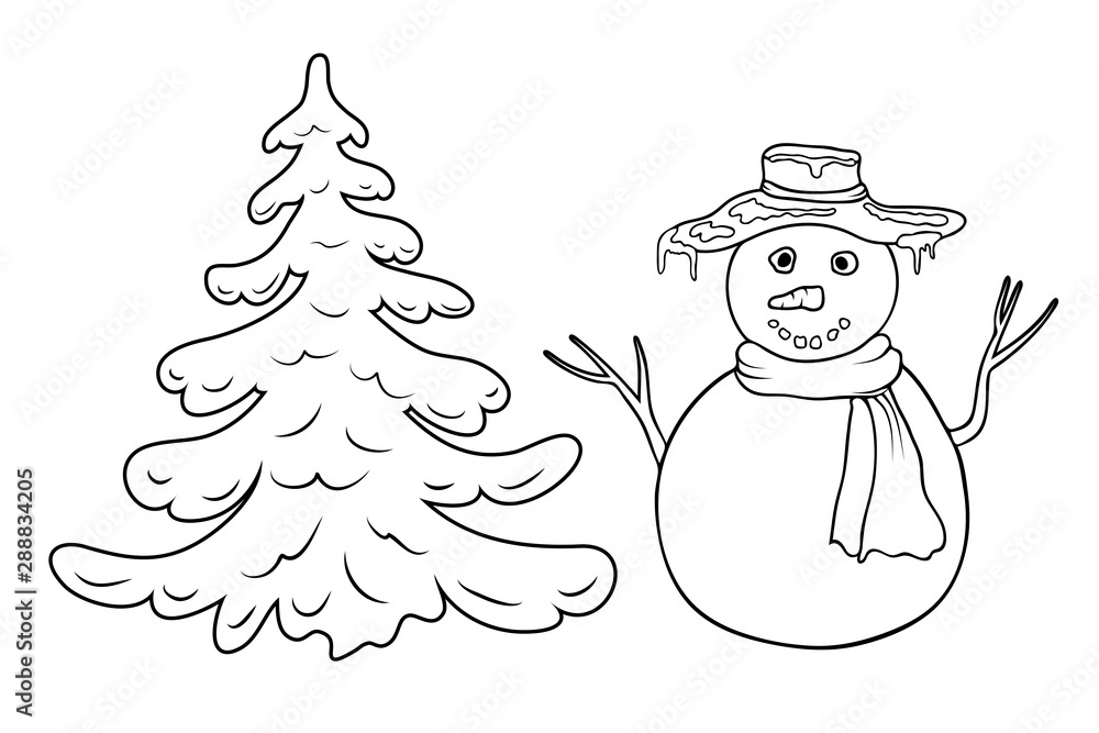 cute cartoon coloring snowman and fir tree outline silhouette isolated on  white. Coloring page with snowman and fir or pine tree. black and white  winter or christmas illustration for coloring book Stock