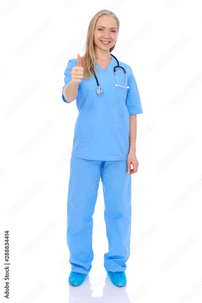 Doctor woman or nurse isolated over white background. Cheerful smiling medical staff representative. Medicine concept Doctor woman or nurse isolated over white background. Cheerful smiling medical staff representative. Medicine concept