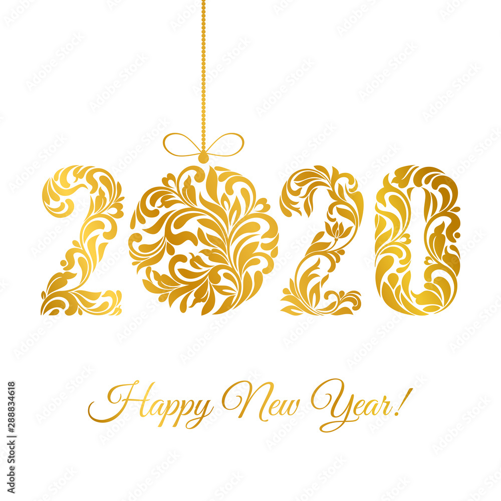 Happy New Year 2020. Decorative Font made of swirls and floral elements. Golden numbers and Christmas ball isolated on a white background. Happy New Year 2020. Decorative Font made of swirls and floral elements. Golden numbers and Christmas ball isolated on a white background.