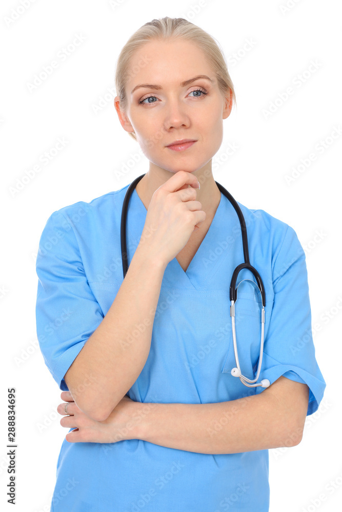 Doctor woman or nurse isolated over white background. Cheerful smiling medical staff representative. Medicine concept Doctor woman or nurse isolated over white background. Cheerful smiling medical staff representative. Medicine concept