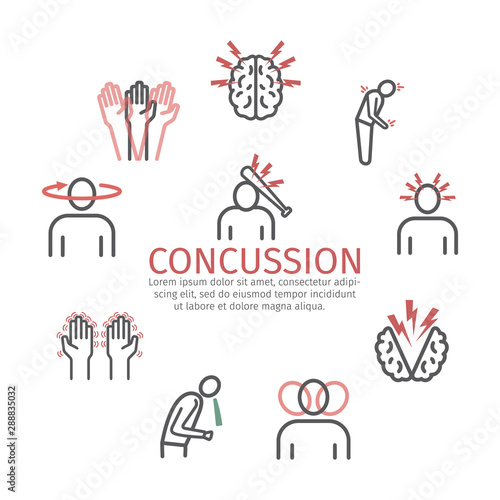 Concussion banner. Symptoms, Treatment. Line icons set. Vector signs for web graphics.