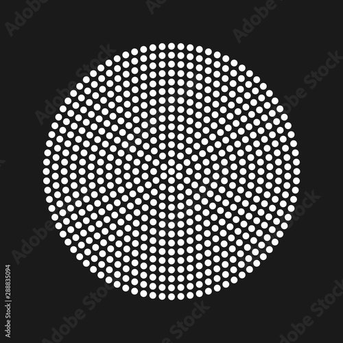 Flat, geometric black and white abstract rosette of small dots in a circle.