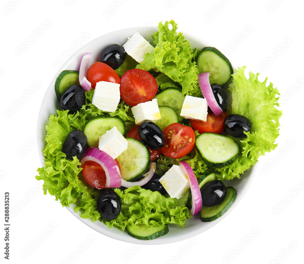 Tasty fresh Greek salad on white background, top view Tasty fresh Greek salad on white background, top view