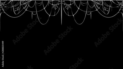 horizontal seamless cobweb banner on black background. white torn spider web silhouette on black chalkboard. Halloween holiday banner, card flyer template with place for text. Vintage sketch.