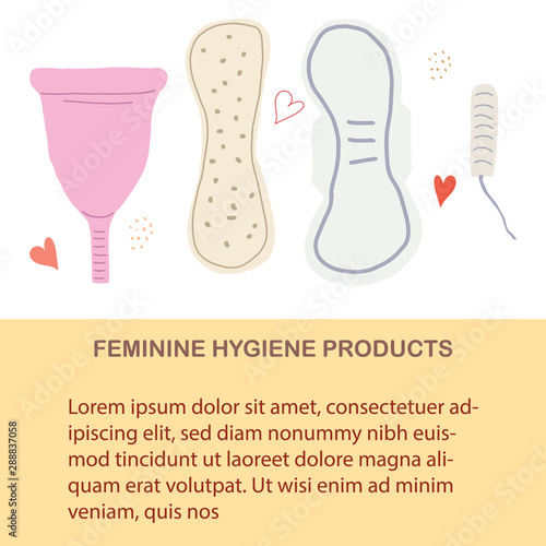 Set of hand drawn feminine hygiene products and horisontal copy space.