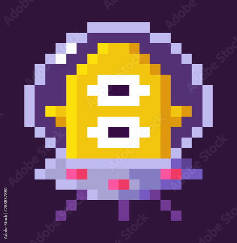 Character sitting in spaceship vector, alien floating in space, pixelated personage of 8 bit pixel game, ufo monster with prolonged head shape flat style, pixel cosmic monster for mobile app games