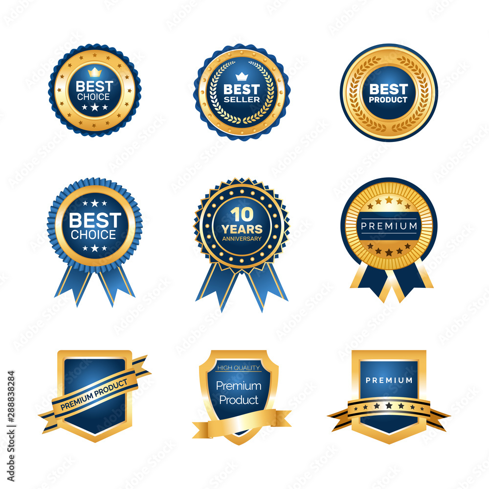Luxury gold badges quality labels premium set. Collection medal emblem