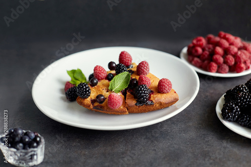 Piece of pie with blueberries  rasberry and mint for dessert on a white plate  napkin. Pieces of delicious homemade cake on a background