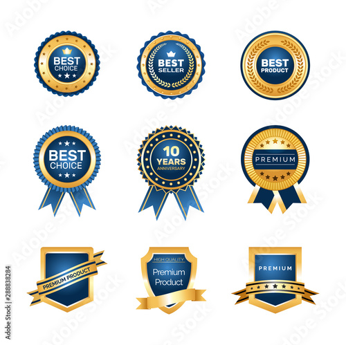 Luxury gold badges quality labels premium set. Collection medal emblem badges differents shape with ribbons, crowns, stars vector isolated illustration