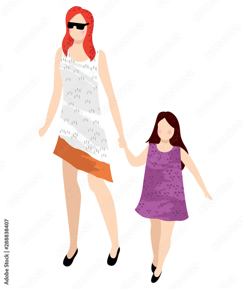 Mother and daughter in summer cloth walking together isolated cartoon  characters. Vector people, mom and girl spend time together, flat style  design. Flat cartoon Stock Vector | Adobe Stock
