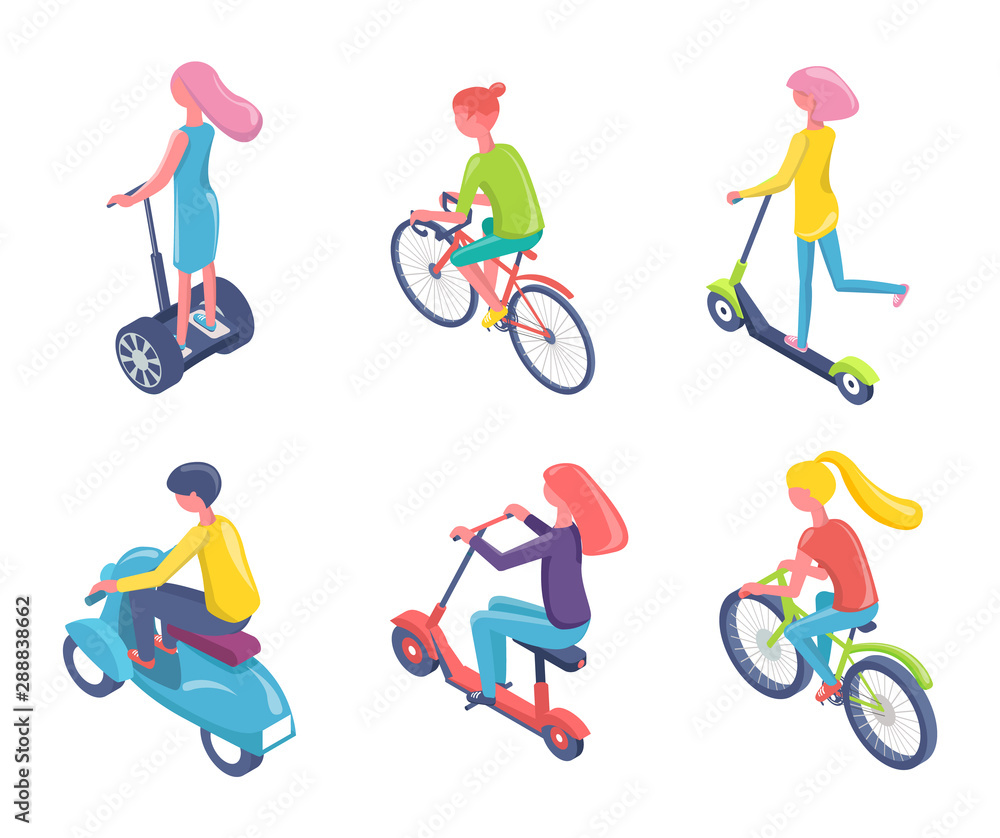 Teenagers using eco transport vector, isolated man and woman riding bikes and scooters wearing helmets. People commuting destination flat style character