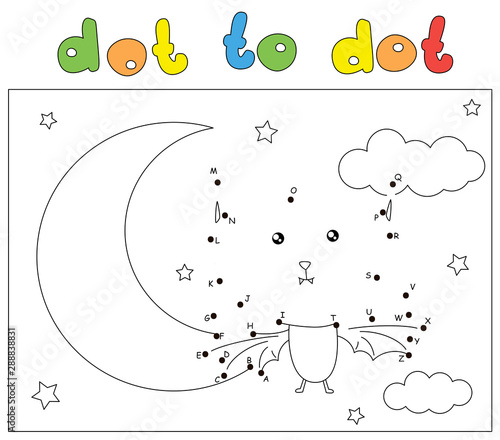 Funny bat in the night sky with the Moon and stars. Coloring book and dot to dot game for kids