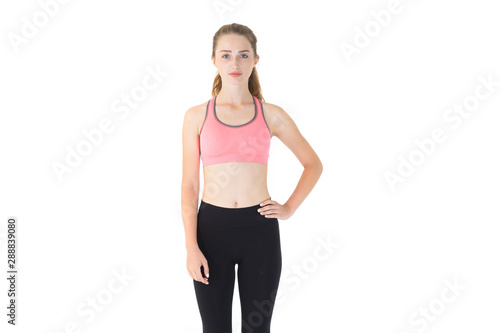 Young fitness woman in sportswear on a white background.