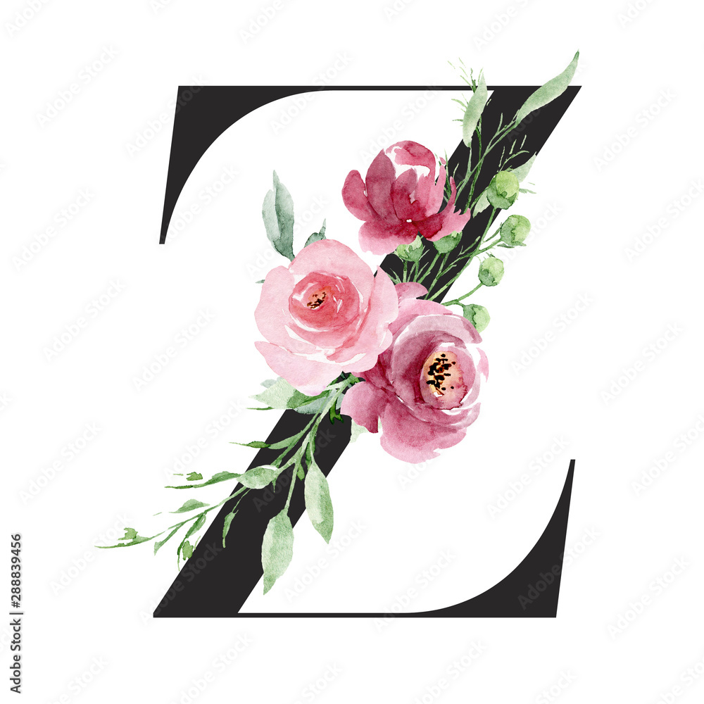 Floral alphabet, letter Z with watercolor flowers and leaf. Monogram