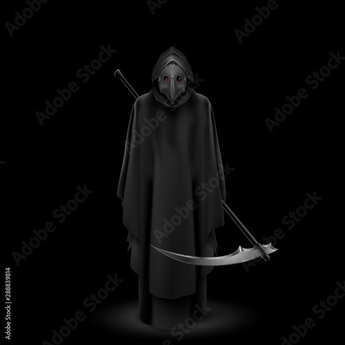 Plague Doctor with Bird Mask and Scythe in His Hands. Medieval Death Symbol Plague Doctor Mask Isolated on Black Background. For Web, Poster, Info Graphic