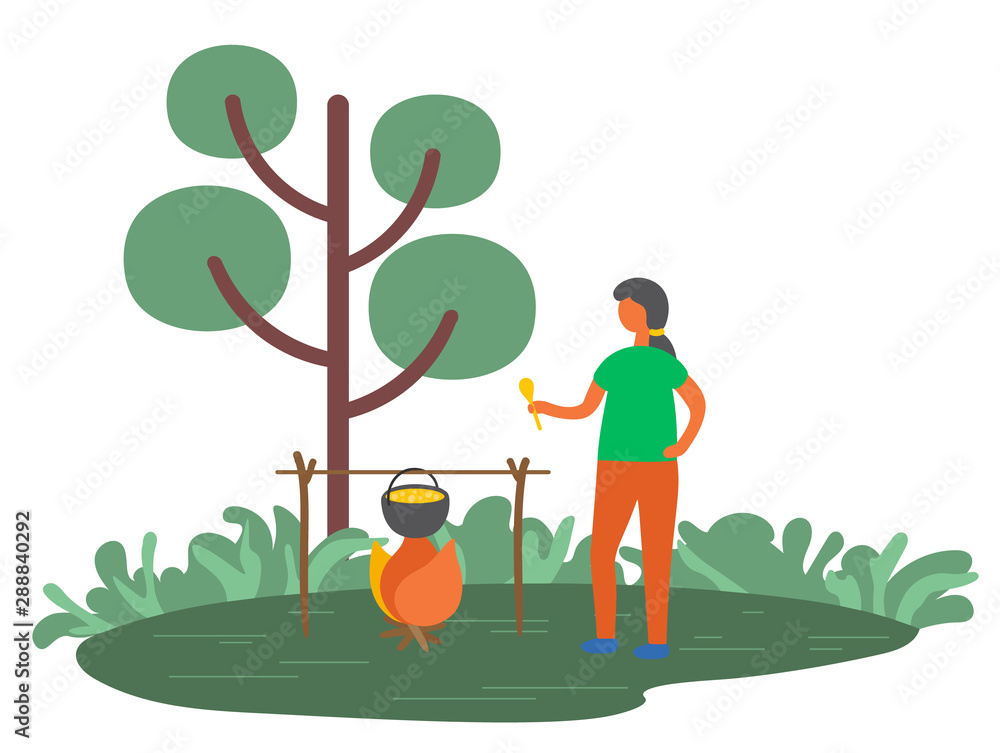Woman cooking in pot on fire outdoors isolated cartoon character in summer  forest. Vector woman preparing soup on bonfire, female making dinner on  picnic. Flat cartoon Stock Vector | Adobe Stock