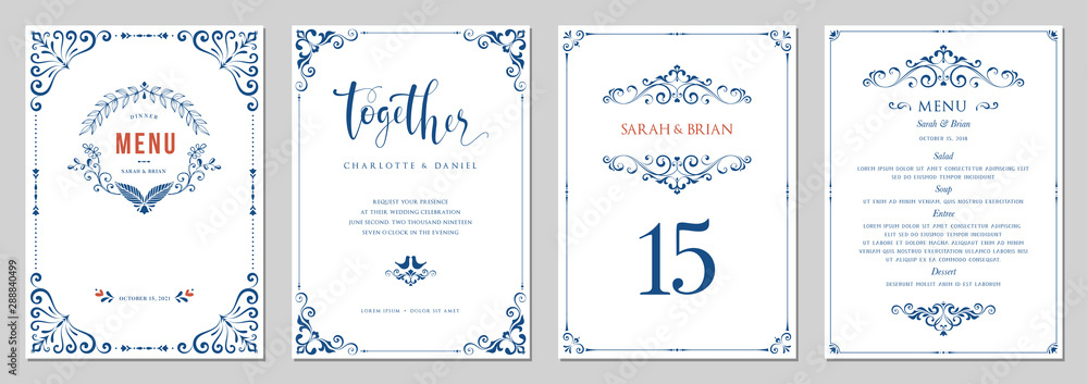 Ornate wedding invitation, menu, table number. 