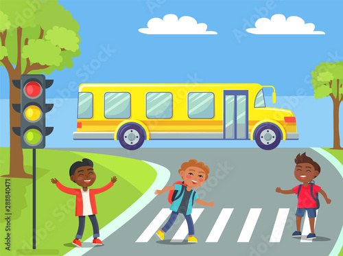 Kids crossing street on pedestrian in urban city. Smiling boy with backpacks on crosswalk with traffic light and modern yellow school bus riding on background vector. Back to school concept. Flat