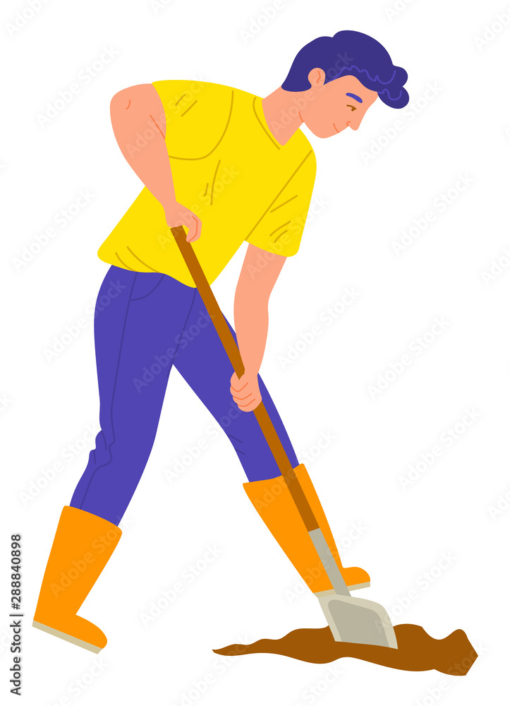 Man digging soil, agricultural work, worker wearing boots standing outdoor. Person holding shovel, gardening season, male with spade, cultivate vector. Flat cartoon Man digging soil, agricultural work, worker wearing boots standing outdoor. Person holding shovel, gardening season, male with spade, cultivate vector. Flat cartoon