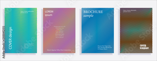 Minimalistic cover design templates. Set of layouts for covers of books, albums, notebooks, reports, magazines. Line halftone gradient effect, flat modern abstract design. Geometric mock-up texture