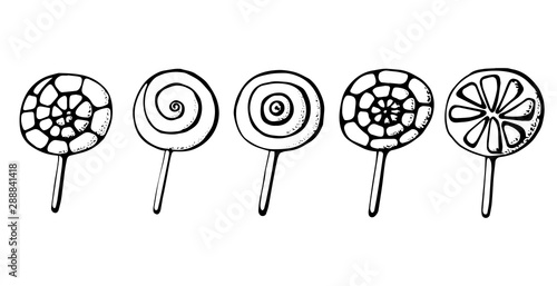 Lollipop elements hand drawn set. Coloring book template. Outline doodle elements vector illustration.
