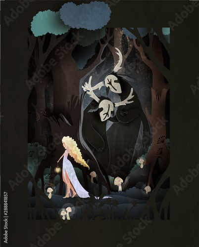 Canvas Print Young girl walking in the dark forest, two trolls or forest spirits watching her