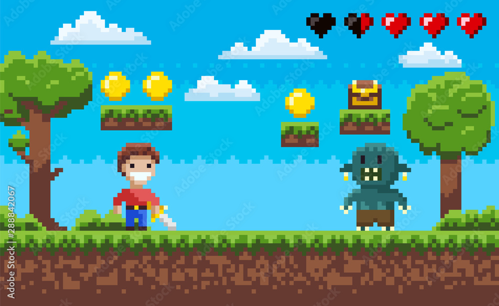 Pixel 8 bit retro game vector, character fighting against monster, health rate in form of hearts, zombie vs human, apocalypse. Trees and nature pixelated video-game Pixel 8 bit retro game vector, character fighting against monster, health rate in form of hearts, zombie vs human, apocalypse. Trees and nature pixelated video-game