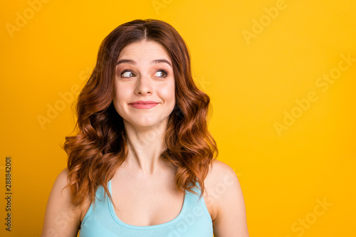 Photo of white cute cheerful nice charming pretty sweet lovely girlfriend hearing that sales have begun while wearing teal singlet isolated with vibrant colorful background