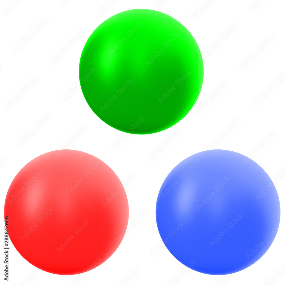 3d RGB metallic spheres in studio environment,   on white background 3d illustration