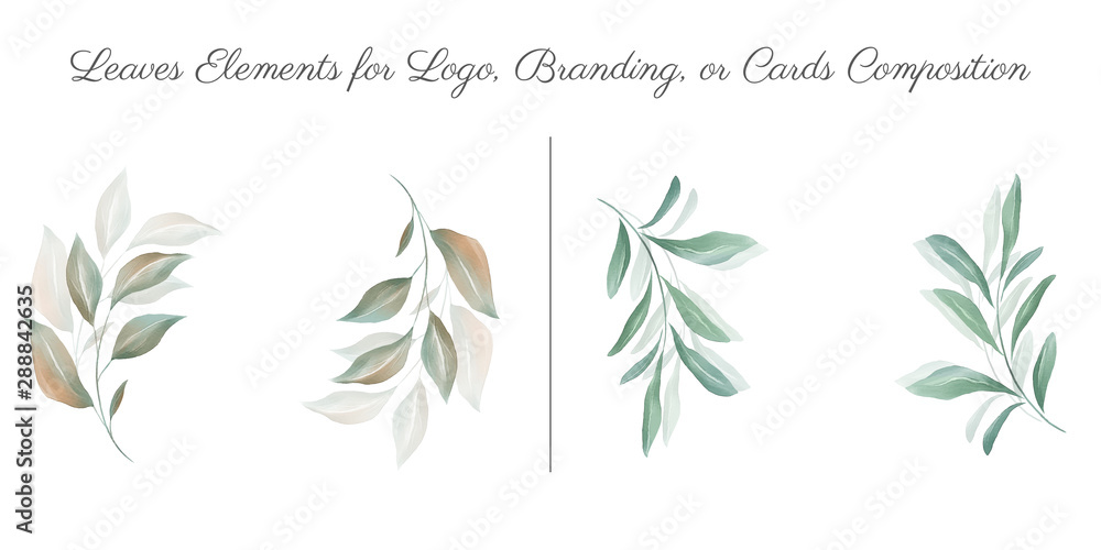 Fototapeta premium Hand drawn watercolor green leaves design elements. Illustration of leaf, branch, foliage for wedding, invitation, greeting cards, border compostion