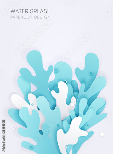 Water splash with drops in paper cut style. Vector illustration.