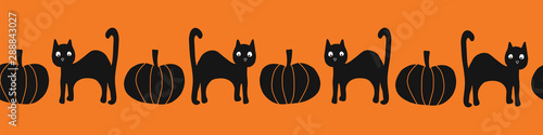 Seamless vector border Halloween black cats and pumpkins. Repeating border cute hand drawn cats pumpkin illustration for kids party decor, ribbons, banners, invitations, scrap booking, digital paper