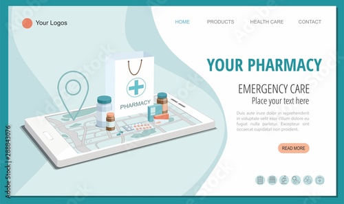 Paper bag with medical equipment and pharmacy on smartphone. Isometric