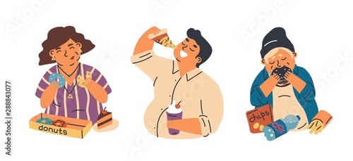 Food addiction flat vector illustrations set. Unhealthy lifestyle, harmful nutrition, obesity problem concept. Overweight woman, man and teenager eating junk food cartoon characters pack.