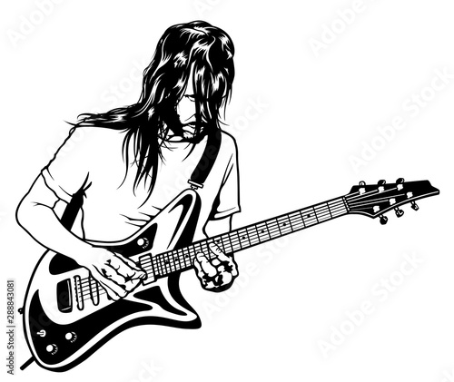 The Rock Guitarist Plays Solo - Black and White Drawing Illustration with Musician, Vector Graphic