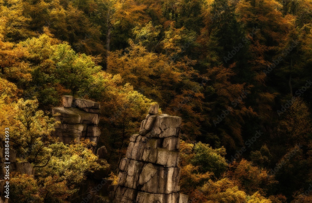 Bergwald in Herbstfarben mit verwitterten Felsen im Bodetal bei Thale