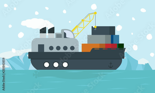 Cargo ship container in North pole Arctic landscape