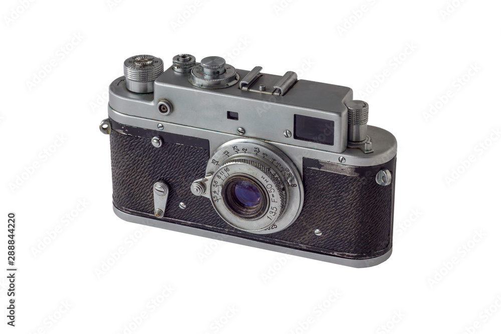 vintage tattered camera isolated on white background