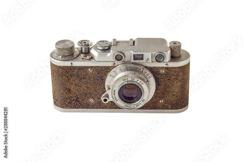 old brown vintage shabby camera isolated on white background