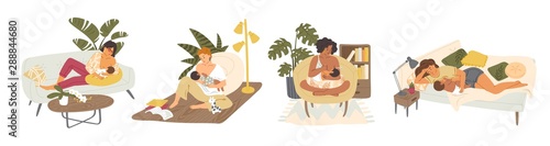 Breast feeding flat vector illustrations set. Young mothers nursing babies cartoon characters pack. Maternity leave, happy motherhood, natural feeding concept. Women breastfeeding infants indoors.
