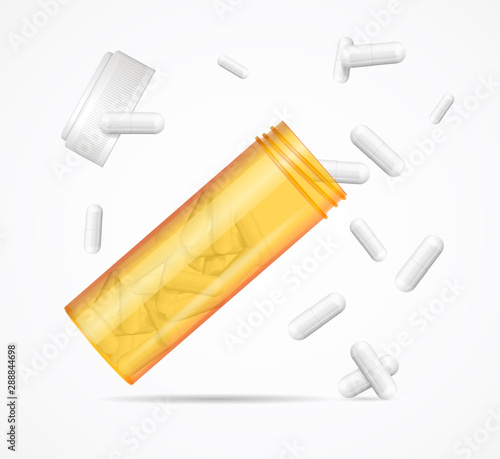 Realistic Detailed 3d Flying Orange Pills Bottle Set. Vector