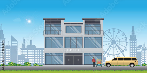 Hotel building with hotel bellboy service and limousine car in the city view.