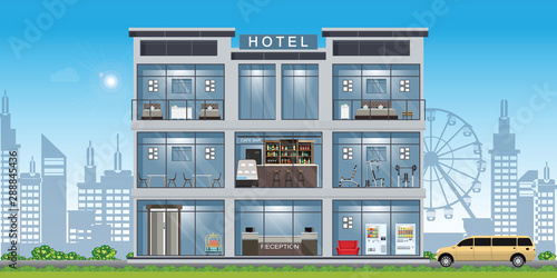 Hotel interior set inside building.