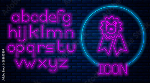 Glowing neon Dog award symbol icon isolated on brick wall background. Medal with dog footprint as pets exhibition winner concept. Neon light alphabet. Vector Illustration