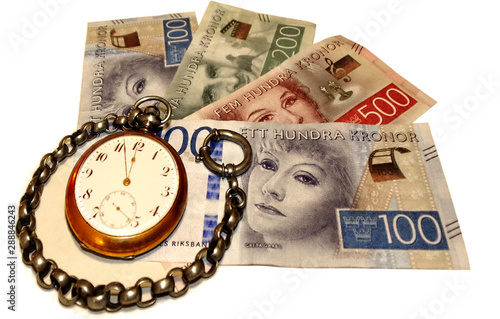 Swedish money bills and clock almost twelve.